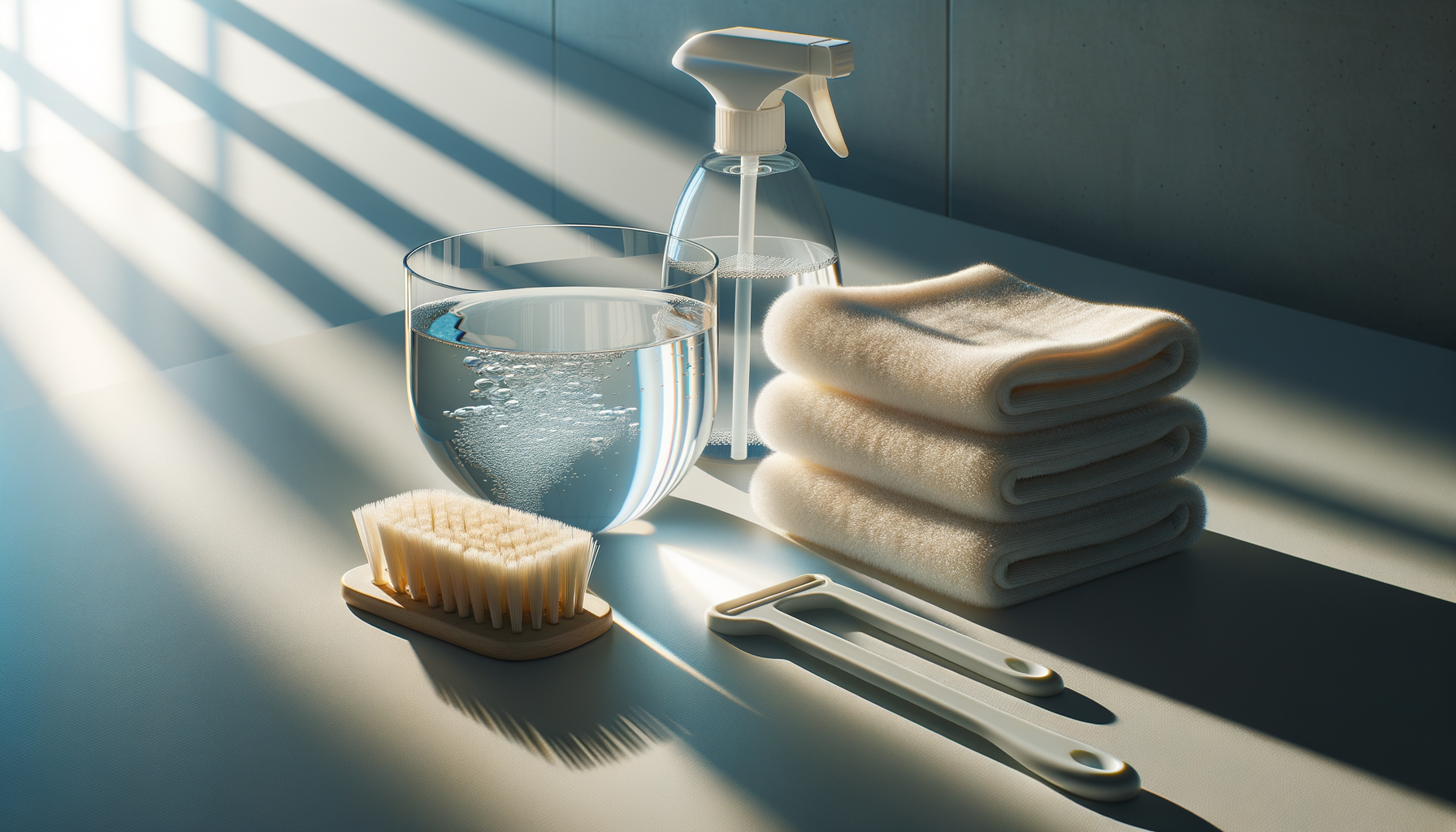 Cleaning cloths, a brush, and a spray bottle in soft morning light